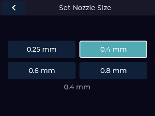 Nozzle Size screen